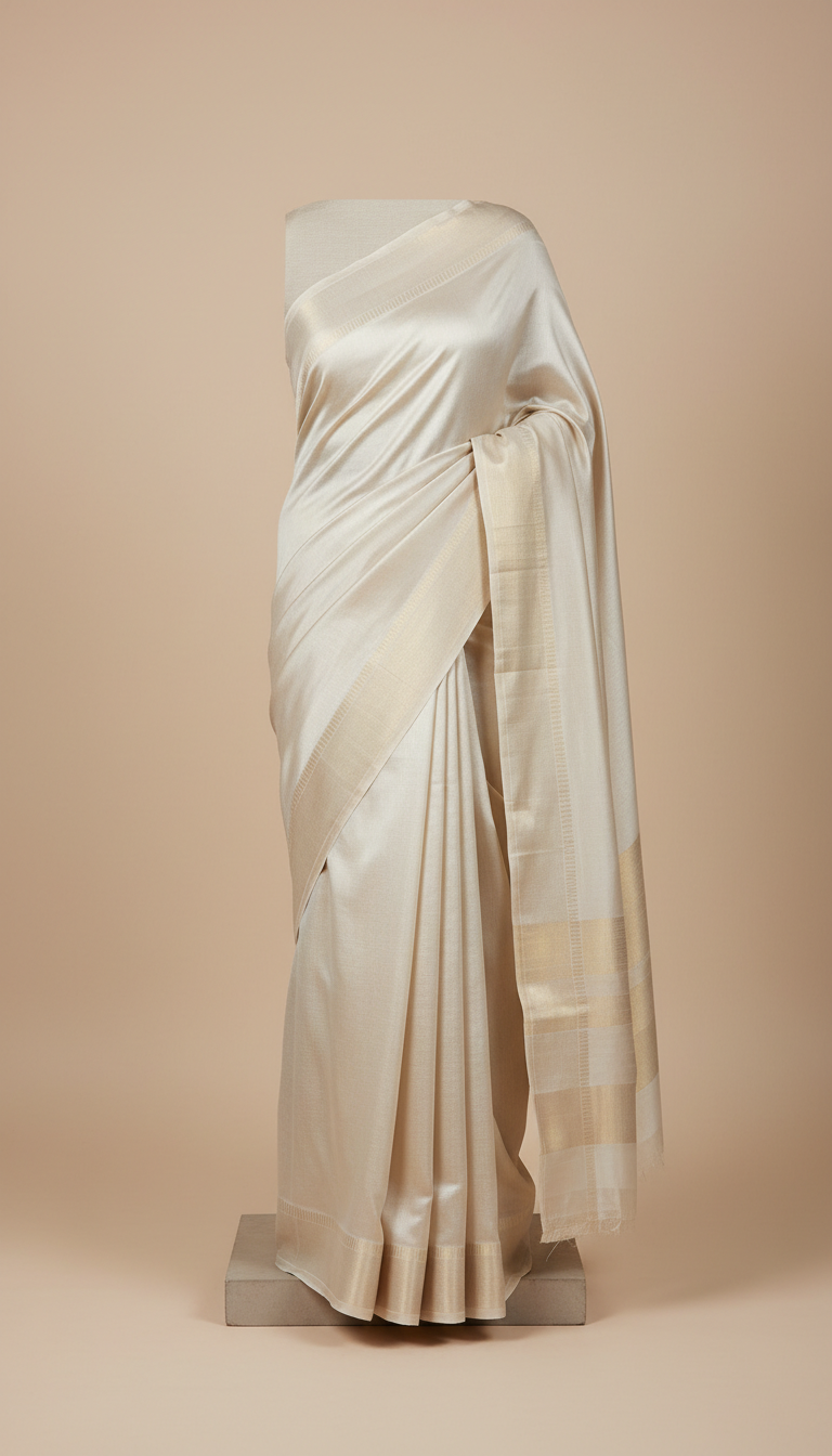 Ivory Mist Silk Saree With Metallic Border